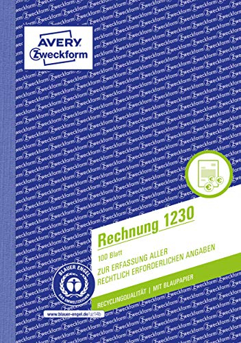 AVERY Zweckform 1230 Rechnung (A5, 100 Blatt, aus Recycling-Papier, mit 1 Blatt Blaupapier, mit Netto- und Bruttobetrag, MwSt. uvm., zur Erfassung aller rechtlich erforderlichen Angaben) weiß