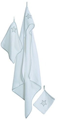 roba Handtuch Set 'Little Stars' für Babys - 3 teiliges Kapuzenhandtuch für Kinder - Handtuch + 2x Waschlappen - Frotee Baumwolle - Weiß / Stern Motiv