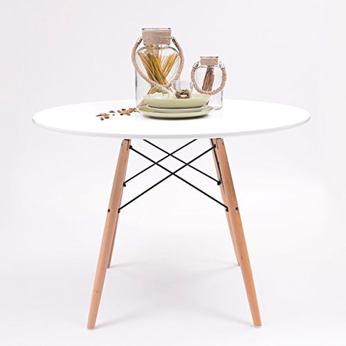 Homely | Mesa de Comedor o Cocina Redonda-Tower | Tapa Lacada Blanca, Patas Madera de Haya y Refuerzos Metálicos en Negro | Diámetro 100 cm