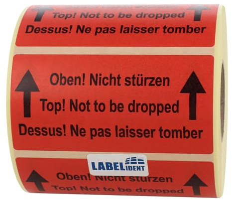Labelident Warnetiketten 100 x 50 mm - Paket Aufkleber Oben! Nicht stürzen! Top! Not to be dropped! Dessus! - 1.000 Versandaufkleber auf 1 Rollen, Versandetiketten selbstklebend