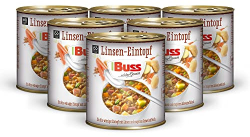 Buss klassischer Linseneintopf - Würzig leckerer Suppentopf mit Linsen, Gemüse und magerem Schweinefleisch - Lang haltbare Fertiggerichte zum Aufwärmen in Mikrowelle & Topf - 6 x 800g