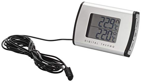 hr-imotion digitales Thermometer für Innen- und Außentemperatur [Mit Uhrzeit I Inkl. Batterie I - 50°C bis + 70°C I 3m Kabel für Außenfühler I selbstklebend] 10110301