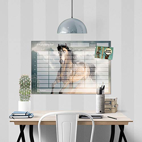 banjado® Stundenplan abwischbar aus Glas | Terminkalender magnetisch mit Stift | Planer 60x40cm Mädchen und Jungen mit Motiv Wild Pferd | Wochenplaner mit Notizen