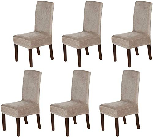 LINGKY Stuhlhussen 6er Set, Stuhlhussen für Esszimmerstühle, Stretch Samt Stuhlschoner Abnehmbarer Waschbarer, Stuhlbezug Universal für Esszimmer, Hotel, Bankett, Partys Deko (Taupe,Set of 6)