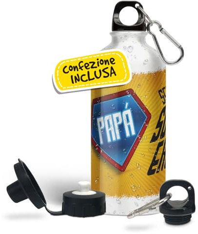 Borraccia papà, borraccia tempo libero e sport. Ideale per la festa del papà. Utile idea regalo. Bottiglia in alluminio bianca con doppio tappo (Mio Super Eroe)