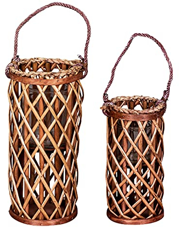 levandeo 2er Set Laterne Windlicht H40cm H31cm Kupfer Braun Holz Weiden-Laterne geflochten Glaseinsatz Kerzenhalter Garten Deko