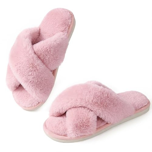 Ankis chaussons femme hiver en peluche à brides croisées, pantoufles chaudes avec mousse à mémoire de forme et bout ouvert, chaussons femme pour intérieur et extérieur