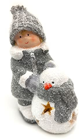 DARO DEKO Winterkind Junge mit LED Schneemann 16cm Dekofigur Weihnachtsdeko