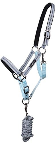 QHP Halfter-Set mit Tasche gestreiftes Muster Halfter mit Führstrick (COB VOLLBLUT, Lagoon)