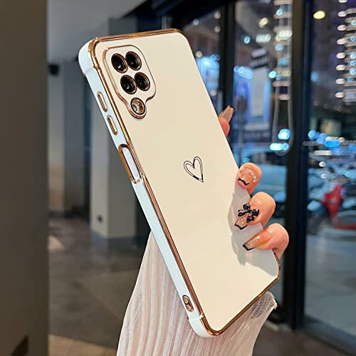ZTOFERA Hülle Kompatibel mit Samsung Galaxy A12, Handyhülle für Samsung M12, Mädchen Weiche Silikon Hülle Schutzhülle mit Herz Muster Goldener Rand Stoßfest Bumper Cover, Weiß