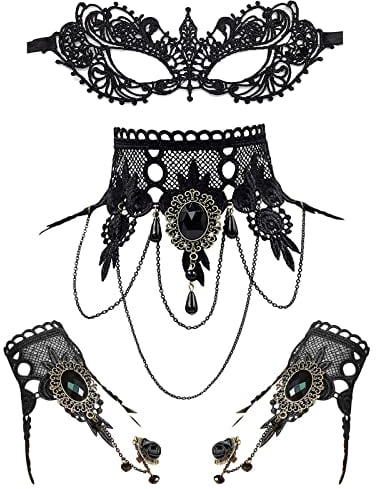 JewelryWe Schmuck 4 PCS Maske Halskette Armbänder Set Schwarz Sexy Venezianische Spitze Augenmaske Choker Kette Halsband Armreifen Damen Maskerade Kostüm für Halloween Karneval Party Cosplay