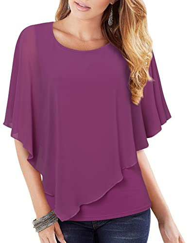 Vafoly Tunika Damen Elegant Festlich Sommer Doppellagige Bluse Frauen Rundhals Business Casual Oberteil Chiffon Fließende Shirts Weite ärmel Poncho-Top Trendig 2022 Violett XXL