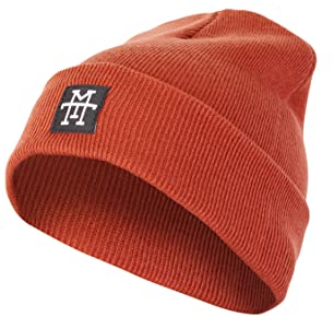 Rough Beanie - Beanie Mütze, Strickmütze mit Echt-Leder/Stick Veredelung, Viele Farben zur Auswahl (Manufaktur13/M13) (Cognac)