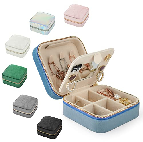 NUZEKY Reise Schmuckkästchen, Schmuck Reiseetui für Damen Schmuckkästchen Klein Samt Schmuckaufbewahrung Schmucktasch für Reisen Ringe Ohrringe Halsketten Ohrstecker-Schmuck Organizers(Blau)