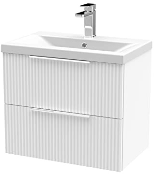 Hudson Reed DFF193A Fluted Modern Bathroom Wall Hung 2 Drawer Vanity Basin Unit with Mid-Edge Ceramic Basin, 600mm, Satin White