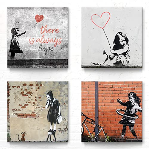 Banksy Bilder Leinwand im 4er-Set nach Graffiti Art, als Wandbilder zur Deko. Jedes Bilderset-E Leinwandbild ist 40x40cm groß. Tolle abstrakte Drucke zur Wand-Dekoration