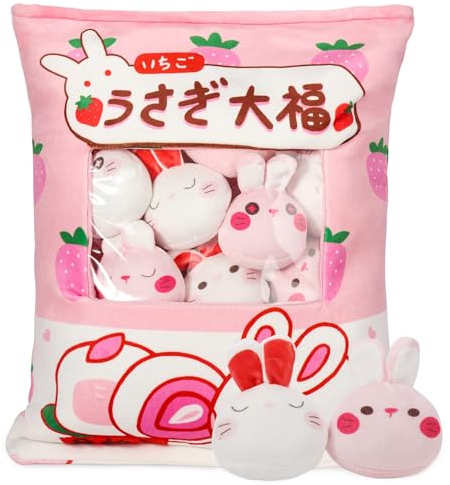 HXPLN Lapin Peluche Oreiller, Peluche Kawaii Snack Oreiller, Coussin Kawaii avec Peluche Lapin Poupée, Amovible Lapin Jouet Peluche, Cadeau Lapin Mignon pour Filles Enfants (8 Lapins Fraise)