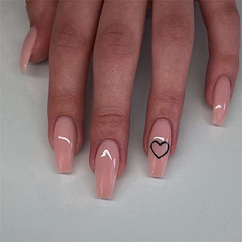 Medium Sarg Press on nails, Nackte Farbe nägel zum aufkleben, Herz gefälschte Nägel Acrylstock auf Nägeln,24 pcs nägel zum aufkleben für Frauen und Mädchen. Valentinstag gefälschte Nägel