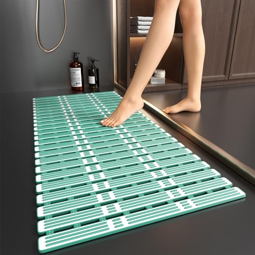 XIYUNTE Shower Mat Non Slip Anti Mould - 90x40cm Extra Long Bathtub Mats Non Slip Shower Mats for Inside Shower, Rubber Anti Slip Shower Mat with Suction Cups, TPE Bath Mat, Cut to Size, Green