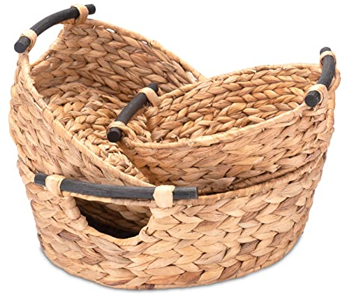 Decorasian Panier de rangement tressé en jacinthe d'eau avec poignées Panier cadeau ou panier cadeau vide Paniers cadeaux idéaux du grand au petit 27 cm + 32 cm + 37 cm Naturel DA-B0005