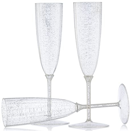 Decor Decorline - 96 calici da spumante in plastica di alta qualità con manico in glitter argento, riutilizzabili, bicchieri da champagne per matrimoni e feste, 170 ml - riutilizzabili e stabili