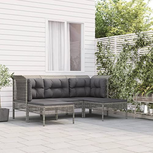 BULANED 5-TLG. Garten-Lounge-Set mit Kissen, Gartenmöbel, Balkonmöbel, Gartenlounge, Terassenmöbel Außen, Loungemöbel Balkon, Sitzgarnitur Garten, Grau Poly Rattan