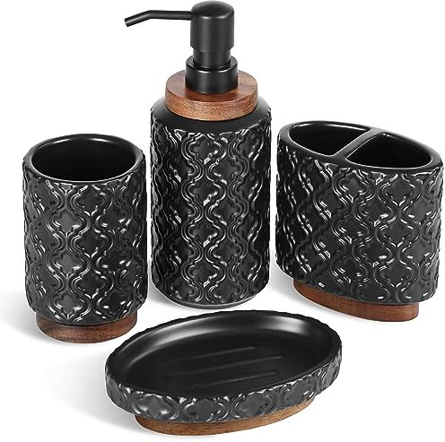 RQYIXI Badezimmer Zubehör Set 4 Pcs Zahnbürstenhalter Seifenspender Keramik und Holz Badezimmer Set Enthalten Zahnbürste Tasse Seifenschale Tumbler Schwarz