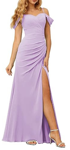 KURFACE Maid of Honor Kleider für Frauen kalte Schulter Spaghettiträger Hochzeit Gast Abendkleid, Flieder, 34