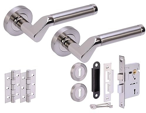 HANDLEZONE® Tucana Door Handles on Rose 3 Lever Lock Pack with Ball Bearing Hinges - Dual Polished/Satin Nickel
