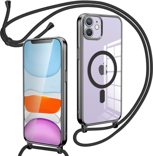 Oelrstfe Magnetische handyband mit Band für iPhone 11 Hülle - Necklace HandyHülle Transparente zum Umhängen mit justierbarer und Abnehmbarer Kette, Crossbody Magnet Clear Cover - Schwarz