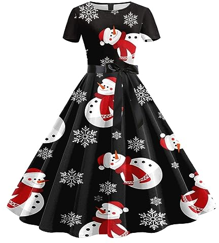 WVONIF Robe De Noël Femme Robe De Noel Femme Chic Drole Pull de Noel Robe Noire Femme Chic Noël Robe Femme de Cocktail Vintage Rockabilly Robe Manches Longue col carré Rétro Costume Père Noël