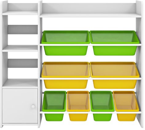 Maxmass Toy Storage Organizer, Children Bookshelf Storage Unit with Removable Bins, Open Shelves, Enclosed Cabinets, Toddler Bookcase Rack for Kids Room Playroom Nursery (Multicolor, 112x30x100cm)