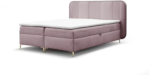 FURNISTAR Boxspringbett GINA Doppelbett mit Bonellmatratze Topper und Bettkasten Bett Glamour Polsterbett mit abgerundetem Kopfteil Modern Schlafzimmer Vintage Schlafzimmerbett (160x200 rosa)