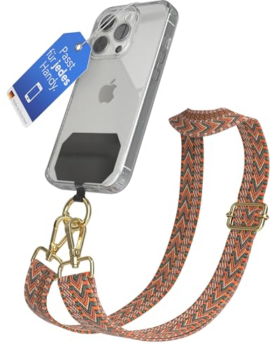 EAZY CASE - Handykette Universal zum Umhängen kompatibel mit jedem Handy Kette mit Hülle kombinierbar Handykordel mit Karabiner für Handyhülle Handyband zum Umhängen Bunt Boho Kordel Orange Grün Gold