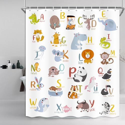 Tier-Duschvorhang für Kinder, Alphabet-Lern-Duschvorhang, Kinderzimmer, Giraffe, Krokodil, Nilpferd, Zebra-Affe, Cartoon-Badevorhänge, wasserdichte Badezimmer-Sets für Kinder mit Haken, 183 x 183 cm