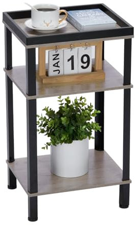 YEAKOO Side Table for Small Spaces,3 Tier End Table with Metal Tabletop Tray Storage Shelf, Small Narrow Thin End Table Bedside Table,Nightstand for Hallway,Living Room, Bedroom, Office/Oak