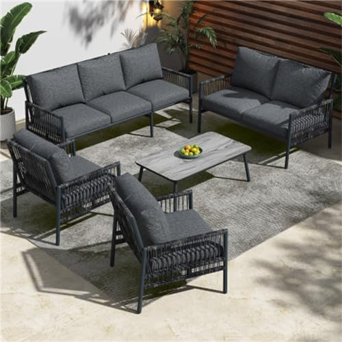 Ntxplora Gartenmöbel-Set Für Den Außenbereich Mit Abnehmbaren, Waschbaren Kissen, Verzinktem Stahl Und Pe-Rattan, Tisch Aus Gehärtetem Glas Mit Holzeffekt(Color:Grey)
