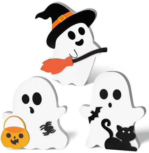 GEBETTER 3Pcs Adornos Halloween Madera Decoración Mesa, Fantasma Gato Negro Murciélago Calabaza Araña Escoba, Regalo Infantil Niños Amigos Familiar Decoracion Hogar Cole Fiesta (3 Fantasmas Distintos)