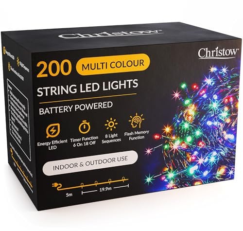 CHRISTOW Christmas Fairy Lights Battery Operated, Multi-Coloured LED String Lighting with Timer, Indoor & Outdoor, 8 Light Modes Flashing & Static, Green Cable (200 LED / 20m Lit Length)