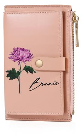 Wamantic Portefeuille Personnalisé Femme Portefeuille Personnalisé avec Nom et Fleur de Naissance Porte Monnaie Court en Cuir PU Portefeuille Petit Format Compact (Rose Clair)
