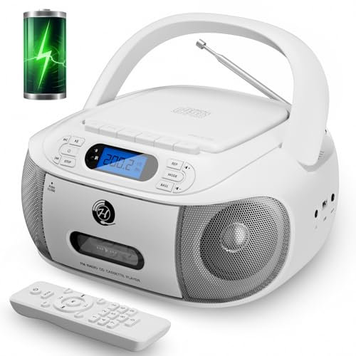 CD Cassette Player Combo, Hernpark Rechargeable Boombox with Bluetooth 5.1, CD Player with Remote Control, Tape Recording, FM Radio, Super Bass, Stereo Sound, Aux/USB Drive, Headphones Jack -White