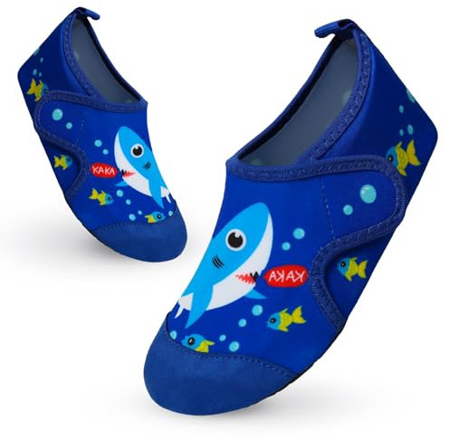 TMEOG Badeschuhe Kinder Wasserschuhe Kleinkind Schwimmschuhe Strandschuhe Rutschfeste Aquaschuhe mit Klettverschluss Wattschuhe Meerschuhe Barfussschuhe für Jungen Mädchen(28/29 EU,Hai-Dunkelblau)