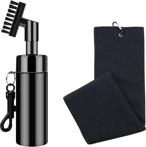 FUZVOL Golf Club Brush Groove Cleaner, Golf Club Brush with Water Spray and Hook Bottle & Black Microfiber Golf Towel Kit for Golf Ball Club, Golf Accessories Golf Gift For Men