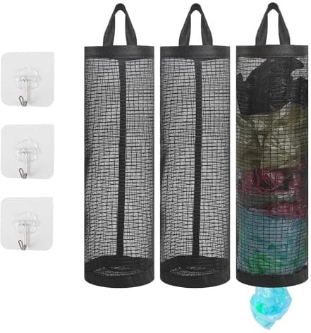 ZhongShuang 3 PCS Plastic Bag Holder, Carrier Bag Storage with 3 Pcs Sticky Hooks, Plastic Bag Storage Carrier Bag Holder,Reusable Grocery Bag Organizer,for Home Kitchen Garbage Bag Storage(Black)