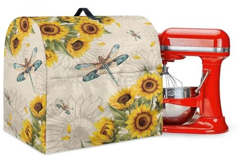 Talayituse Libelle Sonnenblume Druck Küchenhelfer Mixer Abdeckung, Standmixer Abdeckung Kompatibel mit 4,5-5 Quart Kitchenaid/Hamilton Standmixer, Küchenhelfer Mixer Zubehör Staubschutz mit Taschen, S