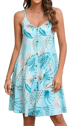 Enmain Womens Summer Spaghetti Strap Dresses Knee Length Sleeveless Beach Dress for Women Casual Swing Palm Leaf Printed with Pockets for Party XL Mint Blue