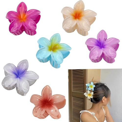 6 Pcs plumeria flower hair claw clips, flor del pelo clips, hawaiian flower hair clip, pinza de pelo de acrílico de antideslizante, para mujeres y niñas cabello grueso, cabello fino (A)