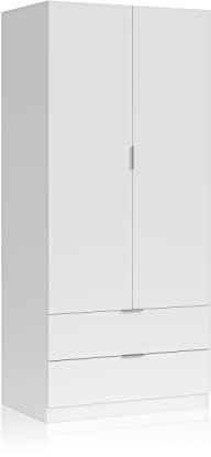 duehome | Armario de 2 Puertas y 2 cajones, Modelo Lark, Acabado en Color Blanco Artik, Medidas: 81 cm (Ancho) x 180 cm (Alto) x 52 cm (Fondo)