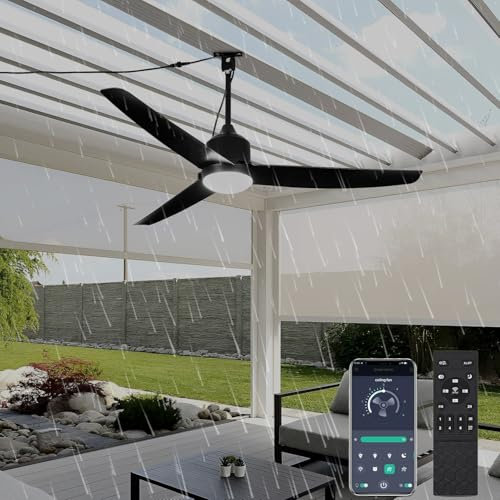 Ventilateur Plafond avec Lumiere et Télécommande IP65 Etanche Plafonnier Ventilateur de Plafond LED Silencieux Réversible Dimmable 6 Vitesses Ceiling Fan with Light Moderne DC pour Chambre à Coucher