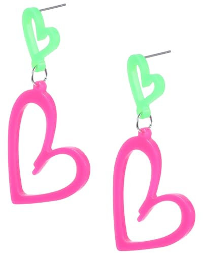 Tyqour 1 Paar Neon Ohrringe Damen Retro Herz Acryl Ohrhänger 80er Jahre Party Ohrring Frauen 80er 90er Jahre Herz Ohrringe Vintage Neon Ohrring für Mottoparty Kostüm Party Maskerade Frau Mädchen